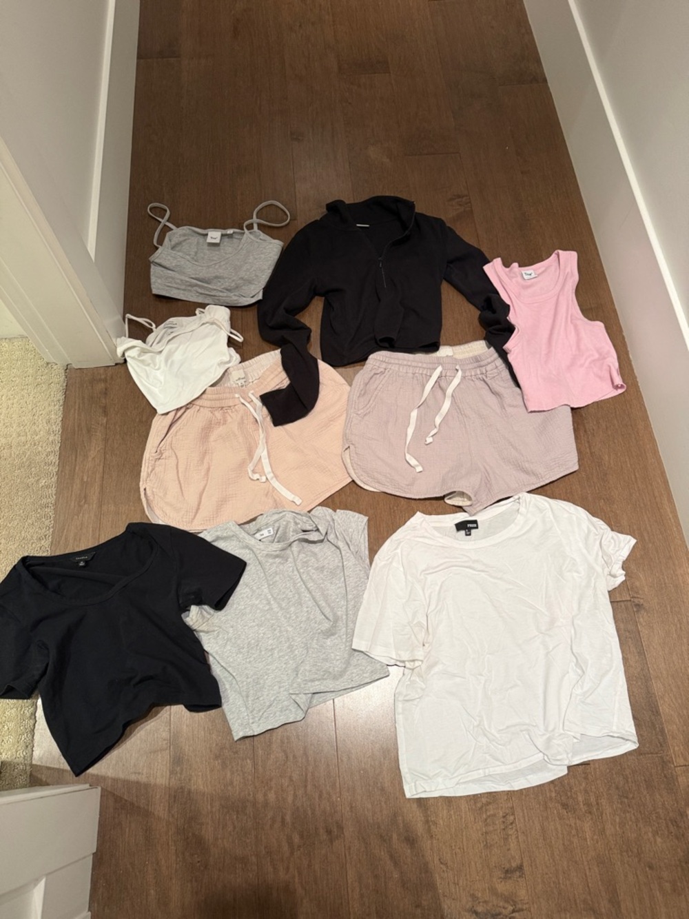 Aritzia haul . Casual Tops & Shorts Set in Black, Gray, Pink, White